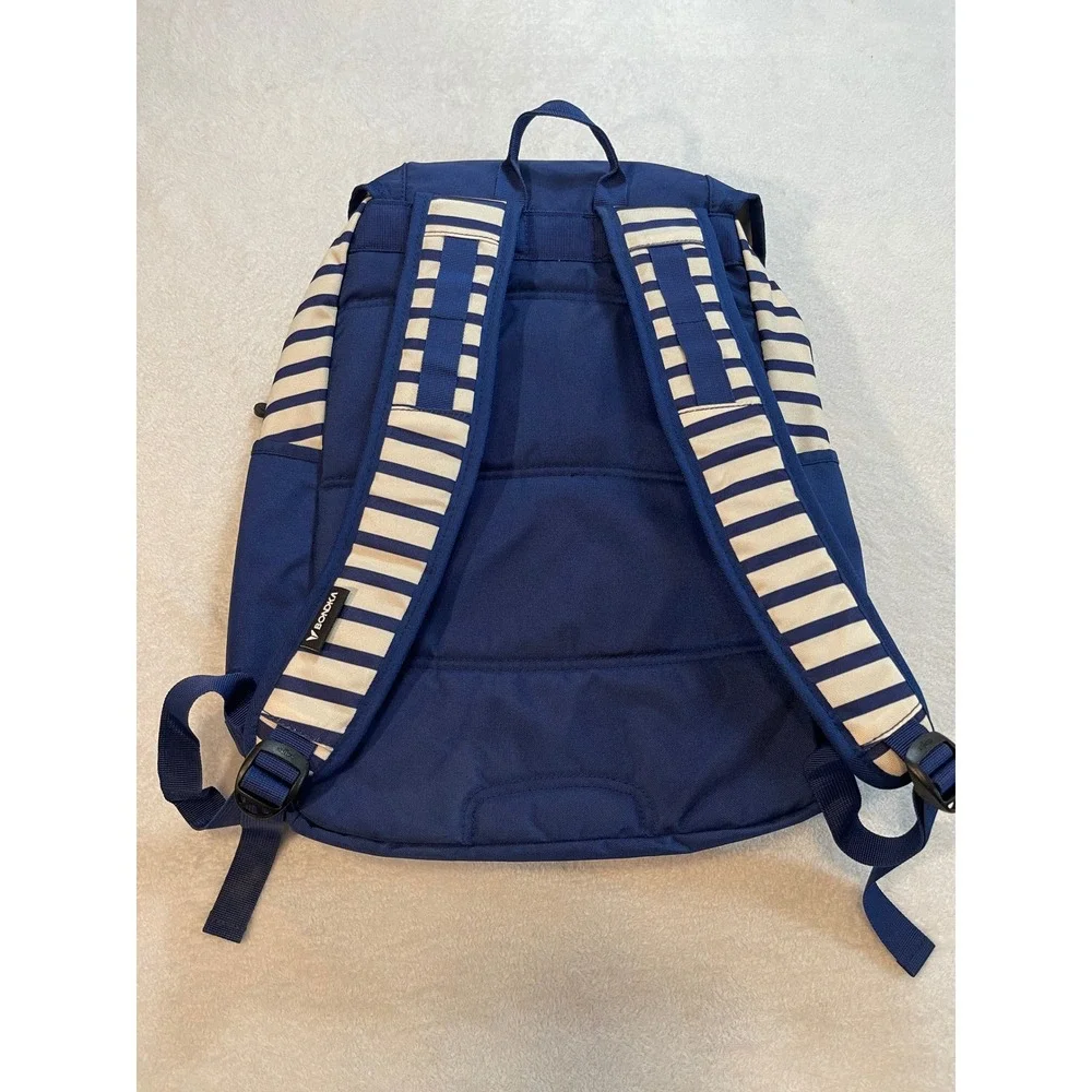 Bondka Supply Co Navy Blue Striped Backpack with Laptop Sleeve and Orange Zips